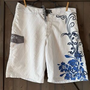 White & Blue Floral Men’s Board Shorts with Side Pocket